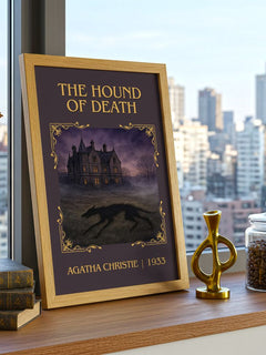 The Hound Of Death Classic Book Art Print by Agatha Christie – framed print on a city-view windowsill