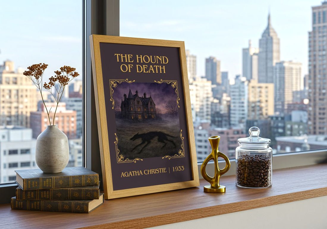 The Hound Of Death Classic Book Art Print by Agatha Christie – framed print on a city-view windowsill