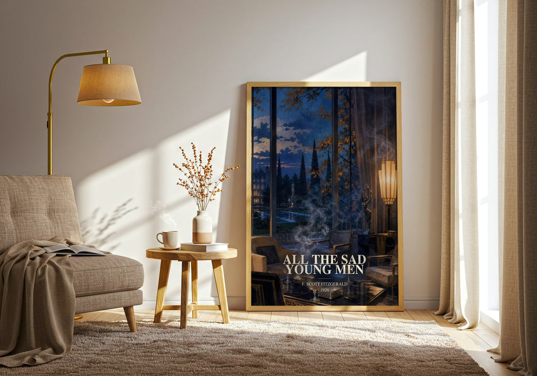 All The Sad Young Men watercolour print in frame leaning in hallway – literary fiction wall art (mockup)