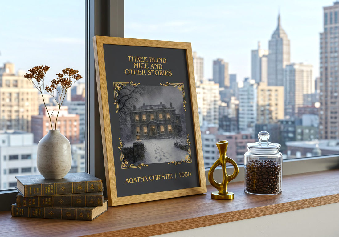 Three Blind Mice And Other Stories Classic Book Art Print – framed print on a city-view windowsill