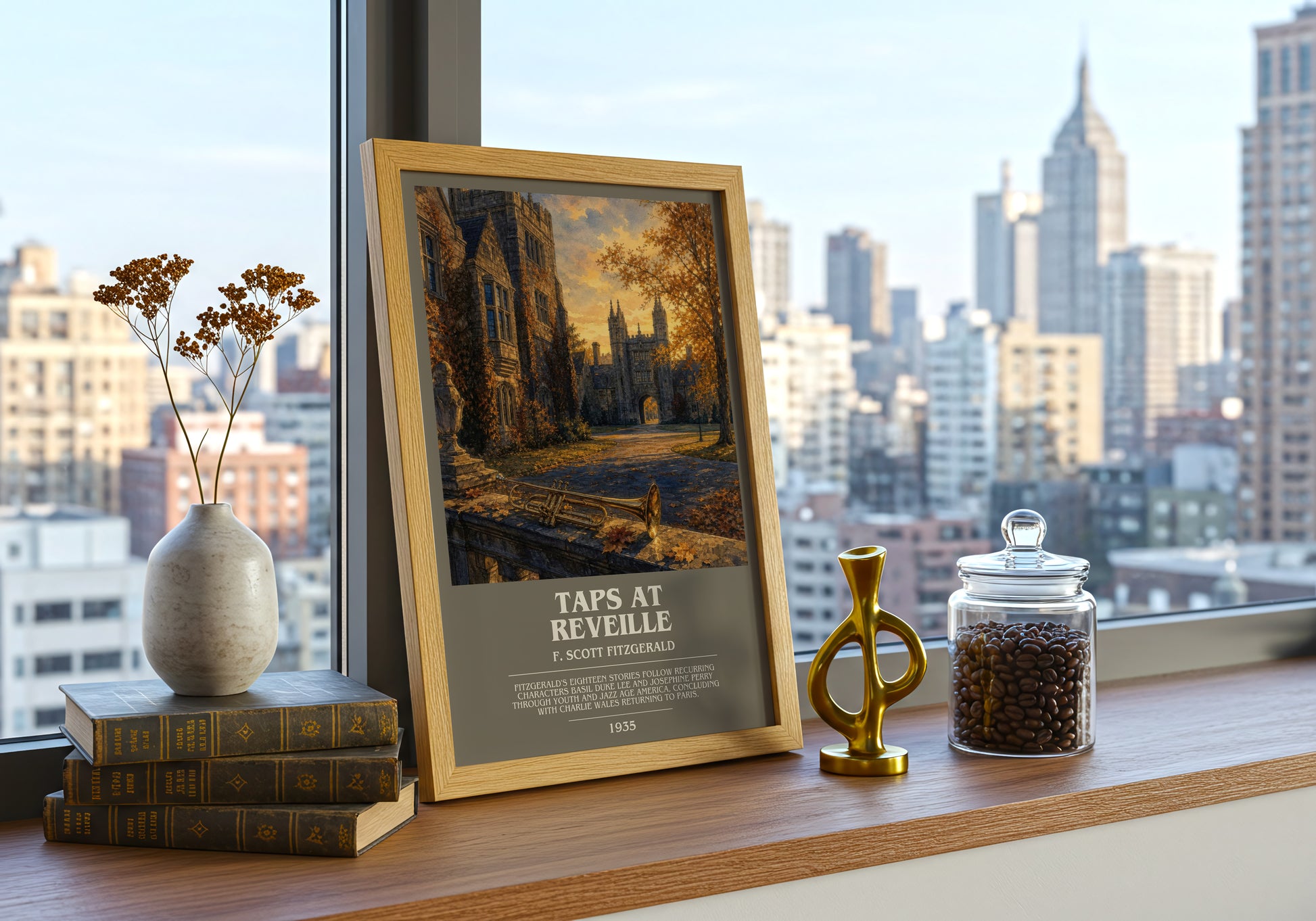 Taps At Reveille bookish print framed by window – literary home decor
