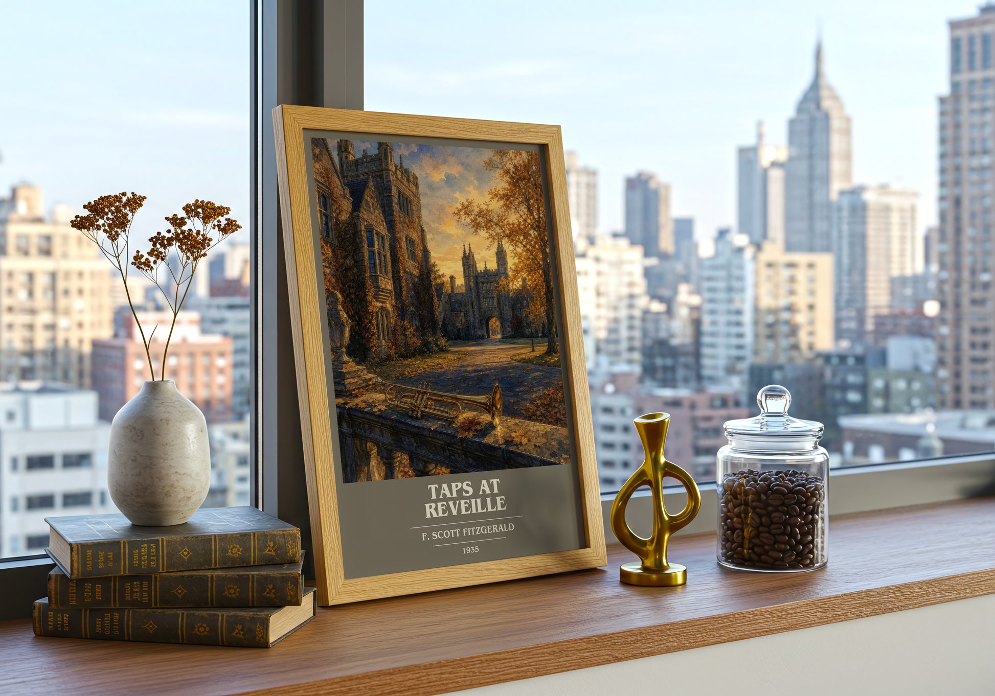 Taps At Reveille book cover print framed by window – literary home decor