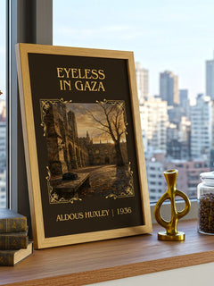 Eyeless In Gaza Classic Book Art Print by Aldous Huxley – framed print on a city-view windowsill