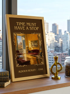Time Must Have A Stop Classic Book Art Print by Aldous Huxley – framed print on a city-view windowsill