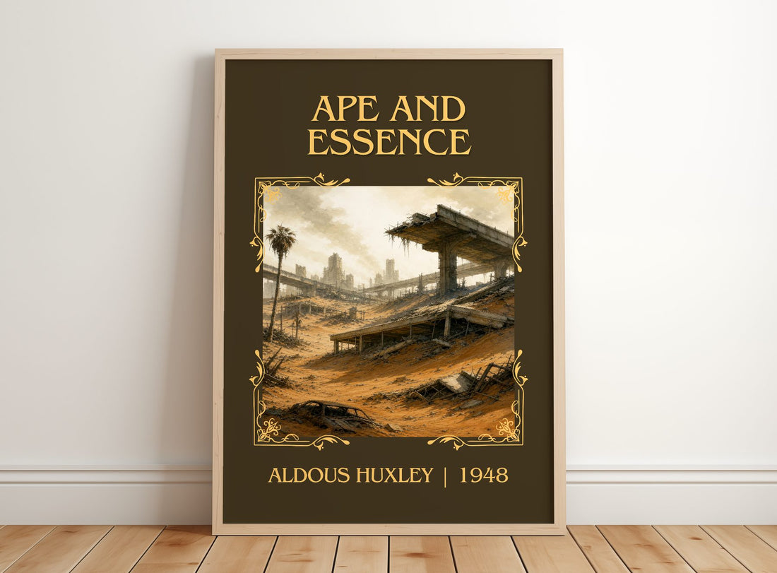Ape And Essence Classic Book Art Print by Aldous Huxley – framed print leaning on a wooden floor