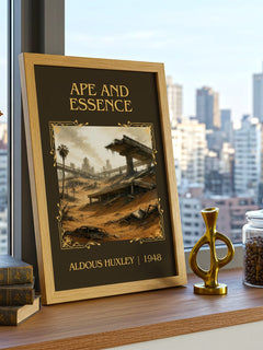 Ape And Essence Classic Book Art Print by Aldous Huxley – framed print on a city-view windowsill