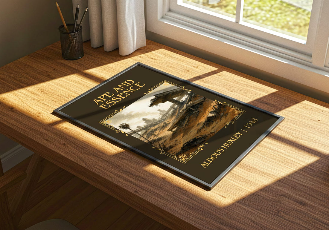 Ape And Essence Classic Book Art Print by Aldous Huxley – print on a sunlit desk
