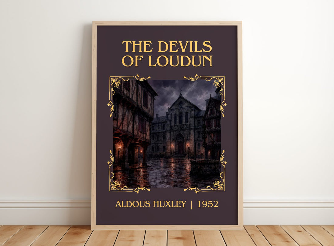 The Devils Of Loudun Classic Book Art Print by Aldous Huxley – framed print leaning on a wooden floor