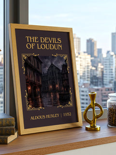 The Devils Of Loudun Classic Book Art Print by Aldous Huxley – framed print on a city-view windowsill
