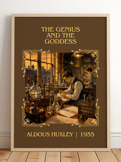 The Genius And The Goddess Classic Book Art Print by Aldous Huxley – framed print leaning on a wooden floor