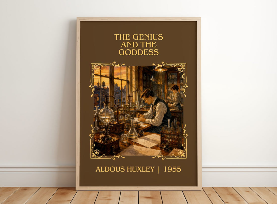 The Genius And The Goddess Classic Book Art Print by Aldous Huxley – framed print leaning on a wooden floor