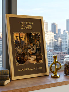 The Genius And The Goddess Classic Book Art Print by Aldous Huxley – framed print on a city-view windowsill