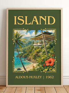 Island Classic Book Art Print by Aldous Huxley – framed print leaning on a wooden floor