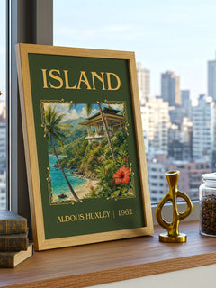 Island Classic Book Art Print by Aldous Huxley – framed print on a city-view windowsill