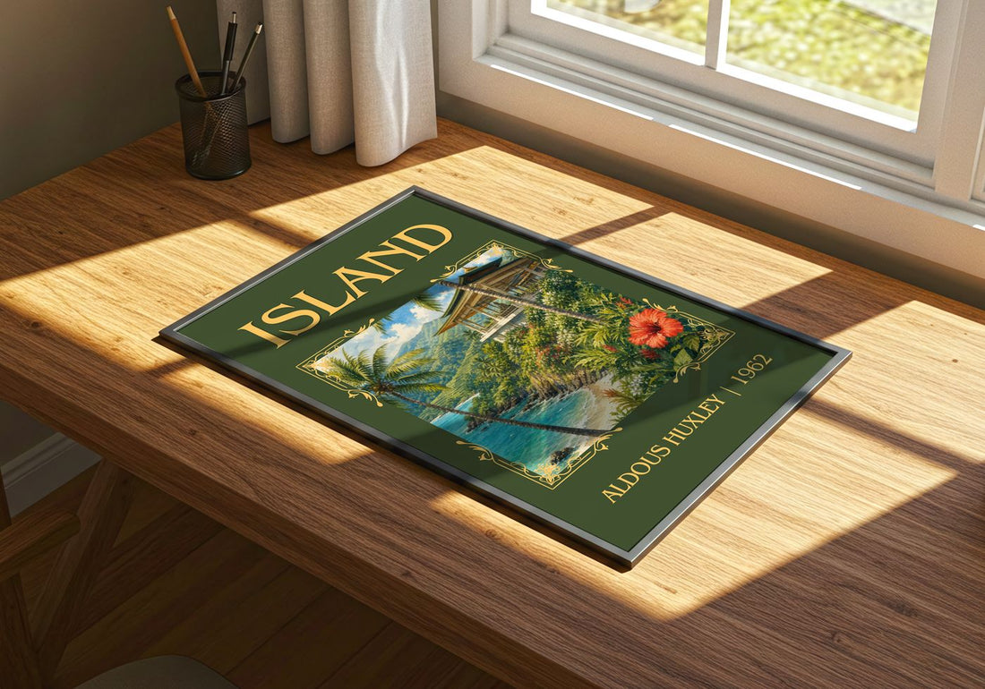 Island Classic Book Art Print by Aldous Huxley – print on a sunlit desk
