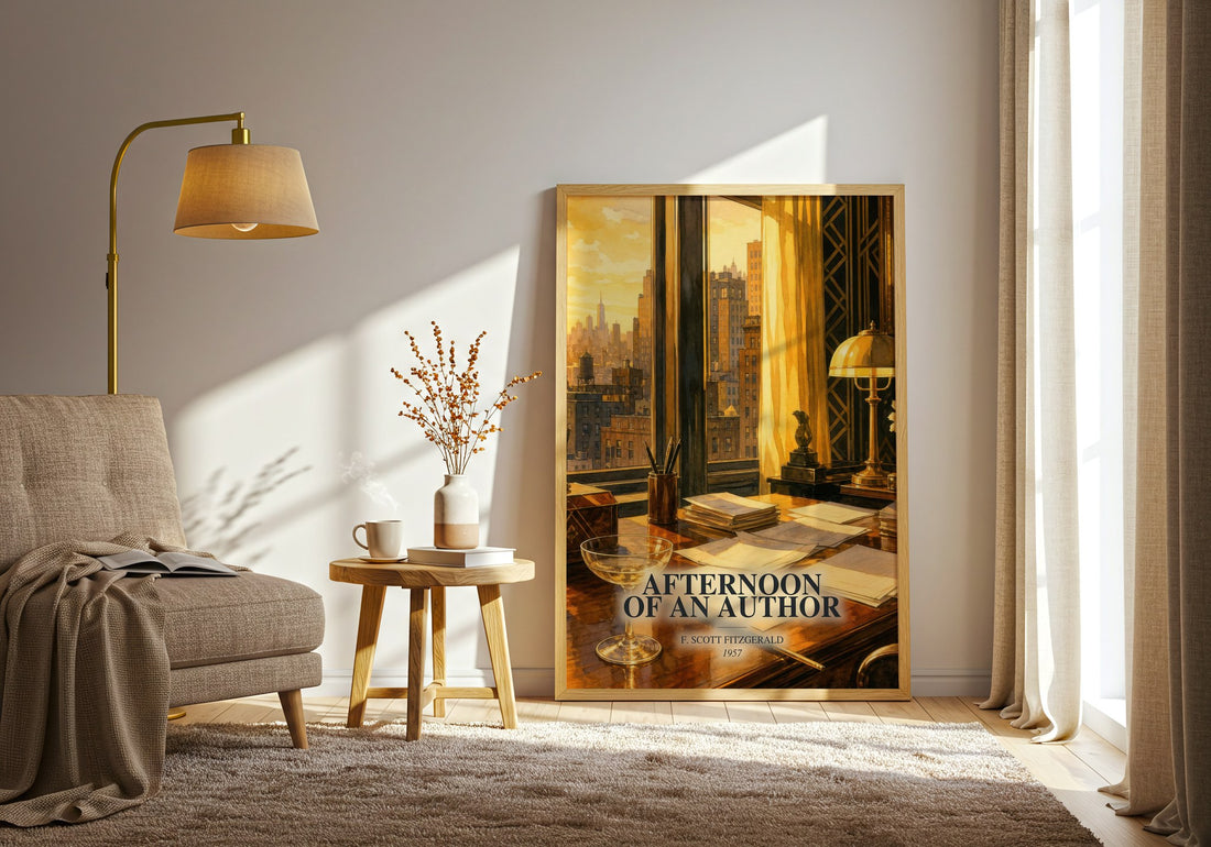 Afternoon Of An Author watercolour print in frame leaning in hallway – literary fiction wall art (mockup)