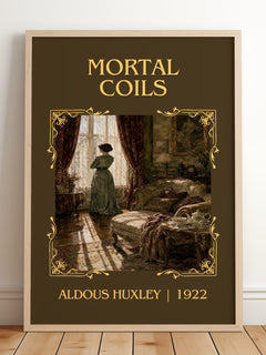 Mortal Coils Classic Book Art Print by Aldous Huxley – framed print leaning on a wooden floor
