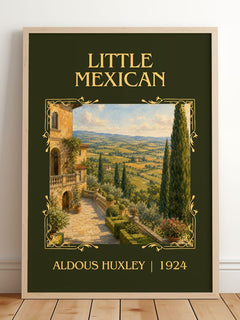 Little Mexican Classic Book Art Print by Aldous Huxley – framed print leaning on a wooden floor
