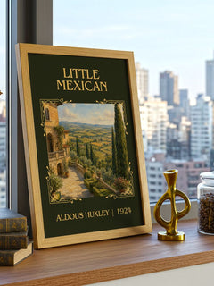 Little Mexican Classic Book Art Print by Aldous Huxley – framed print on a city-view windowsill