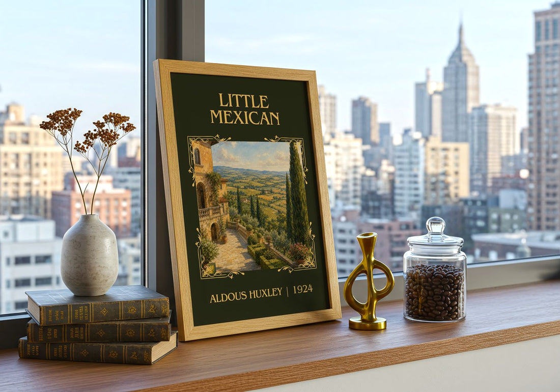 Little Mexican Classic Book Art Print by Aldous Huxley – framed print on a city-view windowsill