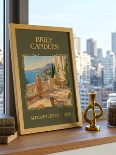 Brief Candles Classic Book Art Print by Aldous Huxley – framed print on a city-view windowsill