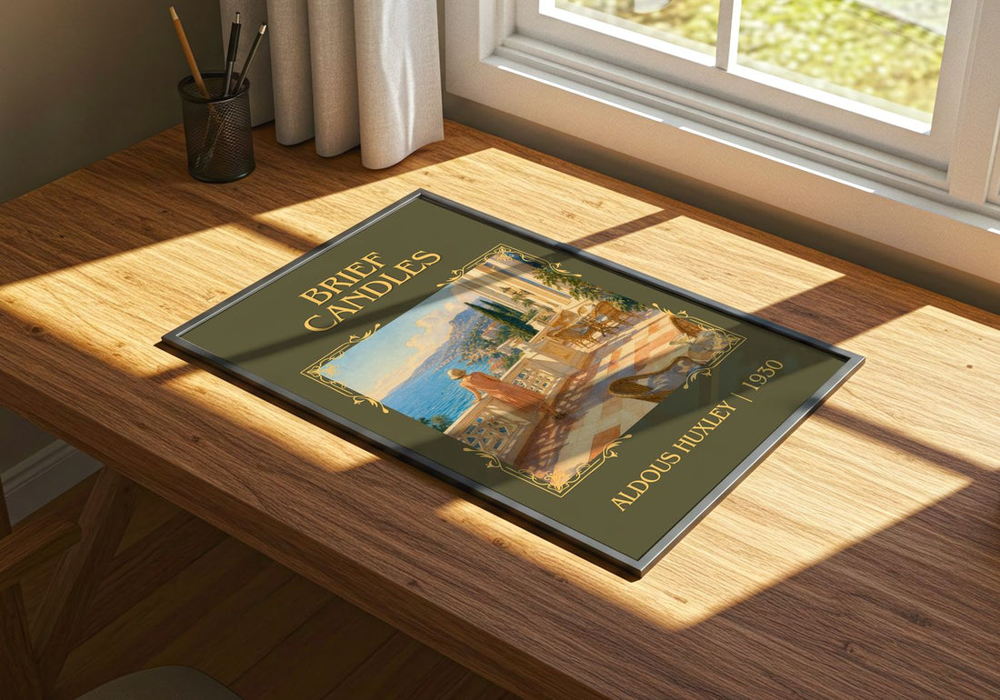 Brief Candles Classic Book Art Print by Aldous Huxley – print on a sunlit desk