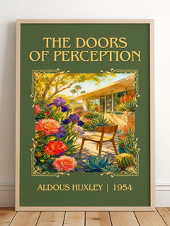 The Doors Of Perception Classic Book Art Print by Aldous Huxley – framed print leaning on a wooden floor