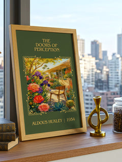 The Doors Of Perception Classic Book Art Print by Aldous Huxley – framed print on a city-view windowsill