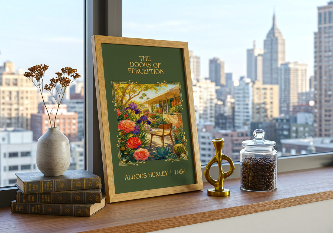 The Doors Of Perception Classic Book Art Print by Aldous Huxley – framed print on a city-view windowsill
