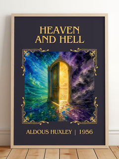 Heaven And Hell Classic Book Art Print by Aldous Huxley – framed print leaning on a wooden floor