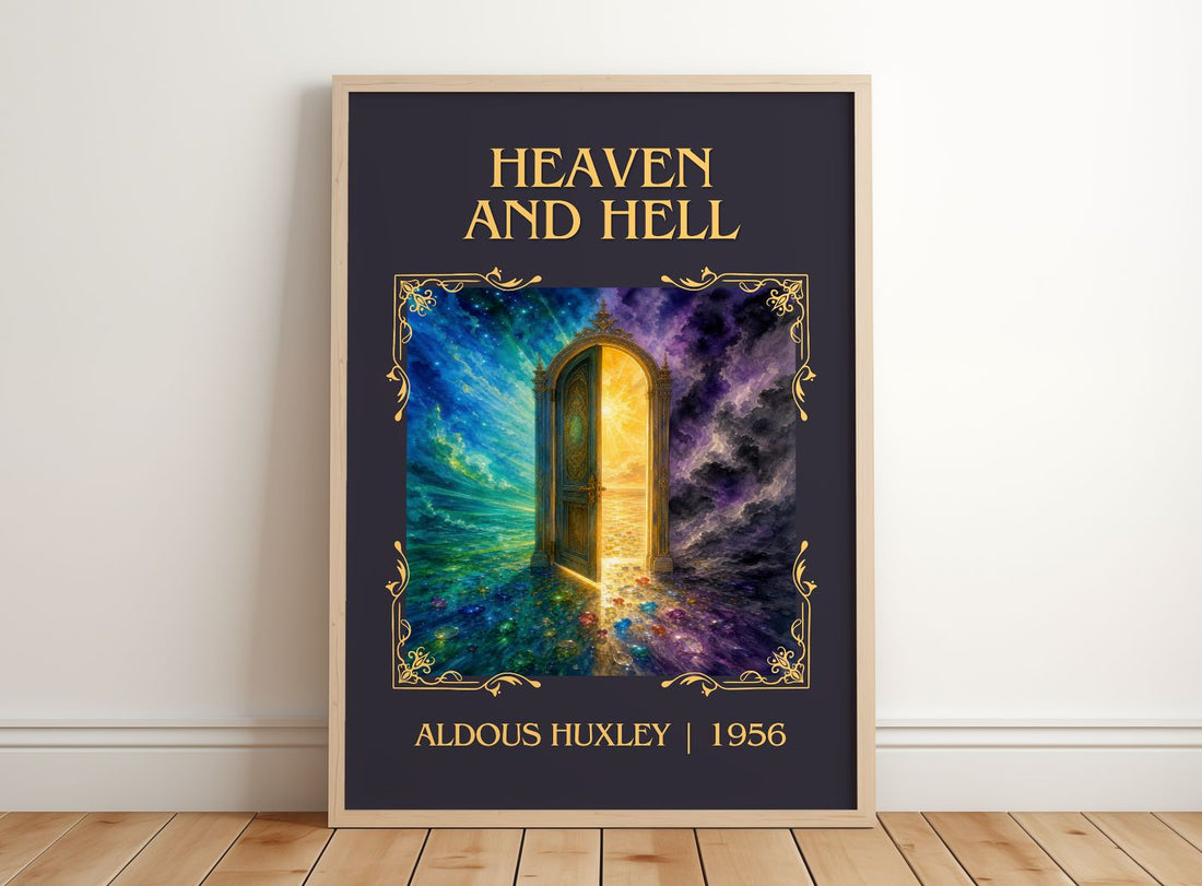 Heaven And Hell Classic Book Art Print by Aldous Huxley – framed print leaning on a wooden floor