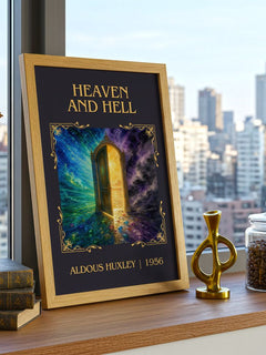 Heaven And Hell Classic Book Art Print by Aldous Huxley – framed print on a city-view windowsill