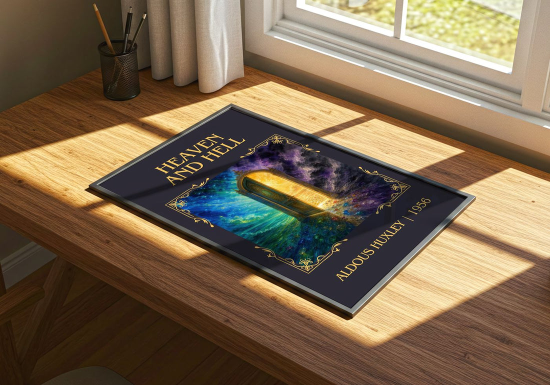 Heaven And Hell Classic Book Art Print by Aldous Huxley – print on a sunlit desk