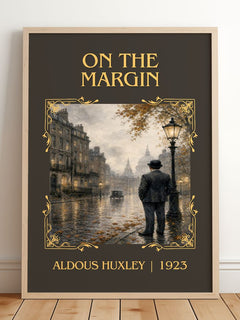 On The Margin Classic Book Art Print by Aldous Huxley – framed print leaning on a wooden floor