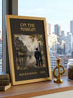 On The Margin Classic Book Art Print by Aldous Huxley – framed print on a city-view windowsill