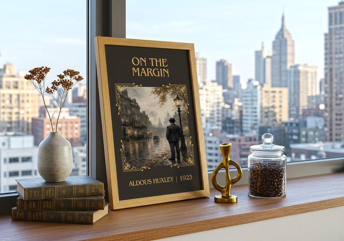 On The Margin Classic Book Art Print by Aldous Huxley – framed print on a city-view windowsill