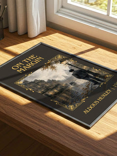 On The Margin Classic Book Art Print by Aldous Huxley – print on a sunlit desk