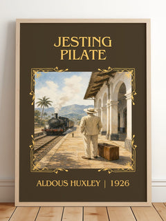 Jesting Pilate Classic Book Art Print by Aldous Huxley – framed print leaning on a wooden floor