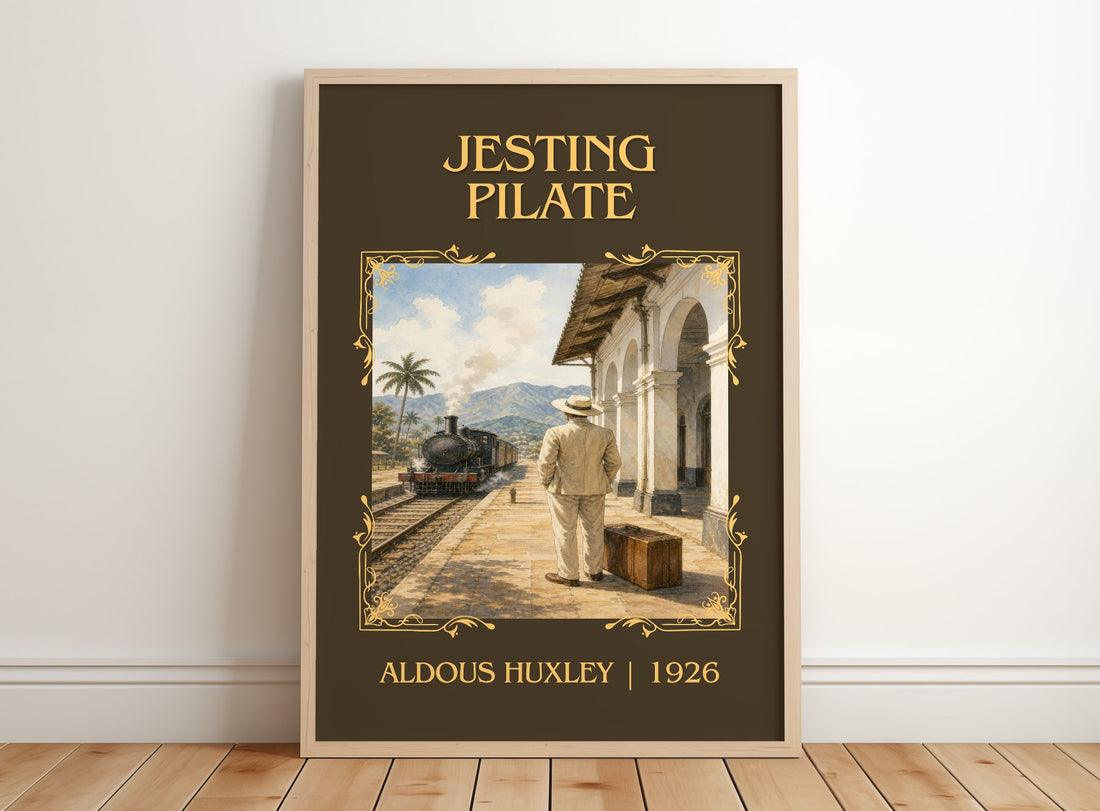 Jesting Pilate Classic Book Art Print by Aldous Huxley – framed print leaning on a wooden floor