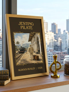 Jesting Pilate Classic Book Art Print by Aldous Huxley – framed print on a city-view windowsill