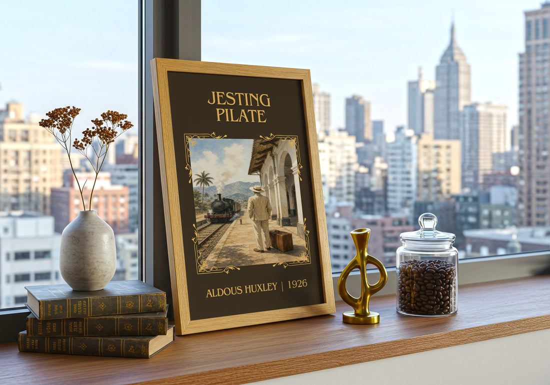 Jesting Pilate Classic Book Art Print by Aldous Huxley – framed print on a city-view windowsill