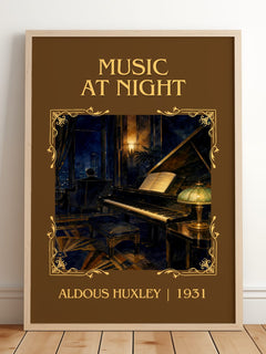 Music At Night Classic Book Art Print by Aldous Huxley – framed print leaning on a wooden floor
