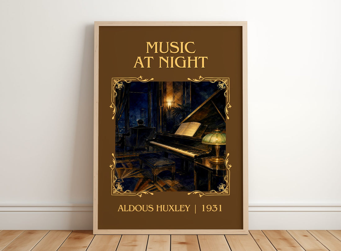 Music At Night Classic Book Art Print by Aldous Huxley – framed print leaning on a wooden floor