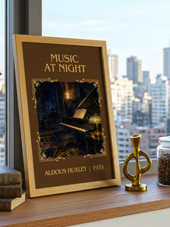 Music At Night Classic Book Art Print by Aldous Huxley – framed print on a city-view windowsill