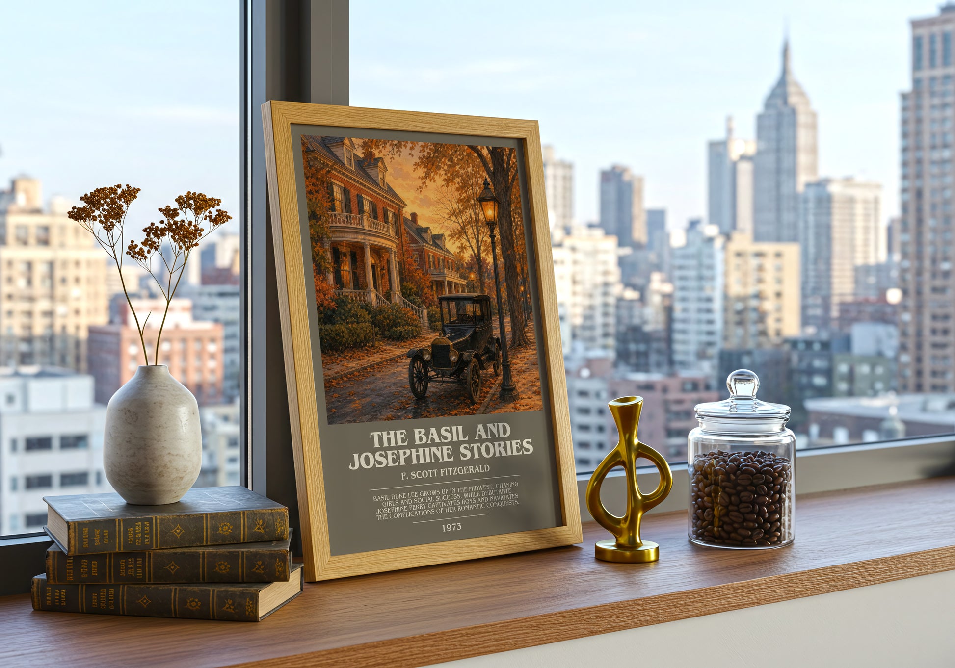 The Basil And Josephine Stories bookish print framed by window – literary home decor
