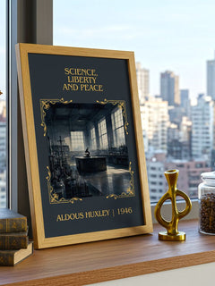 Science, Liberty And Peace Classic Book Art Print by Aldous Huxley – framed print on a city-view windowsill