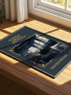 Science, Liberty And Peace Classic Book Art Print by Aldous Huxley – print on a sunlit desk