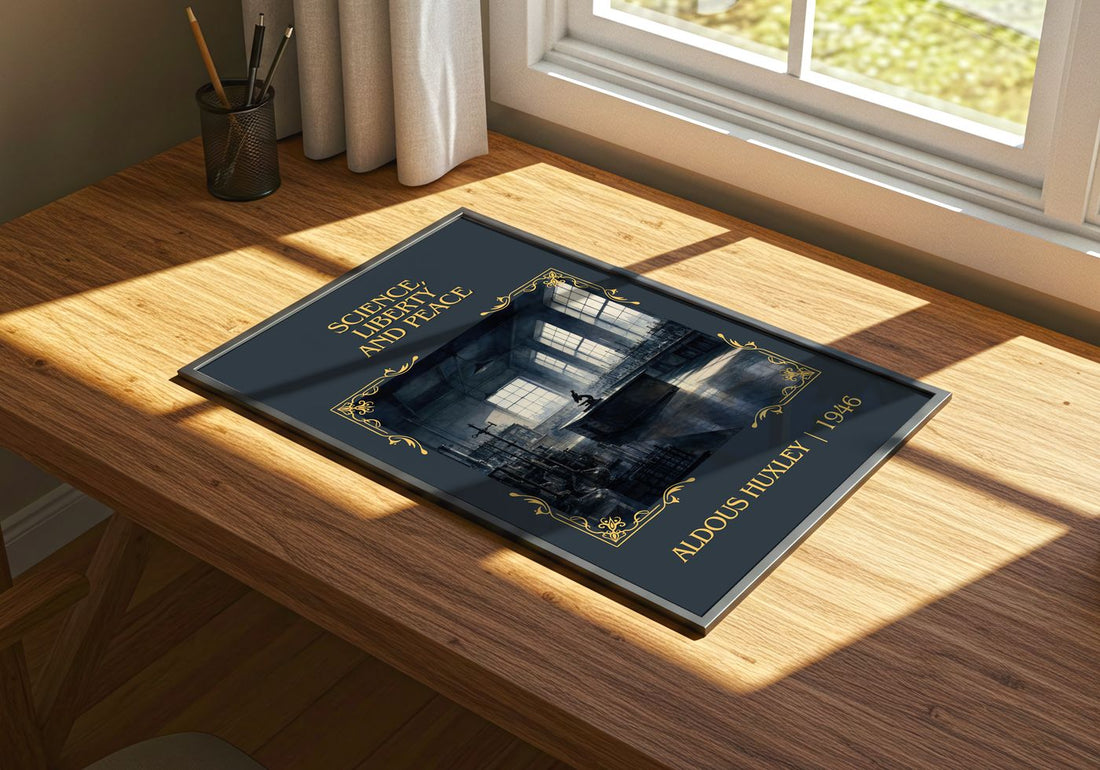 Science, Liberty And Peace Classic Book Art Print by Aldous Huxley – print on a sunlit desk