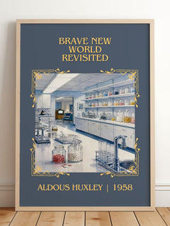 Brave New World Revisited Classic Book Art Print by Aldous Huxley – framed print leaning on a wooden floor