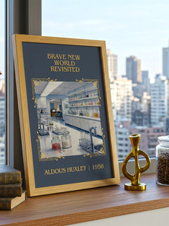 Brave New World Revisited Classic Book Art Print by Aldous Huxley – framed print on a city-view windowsill